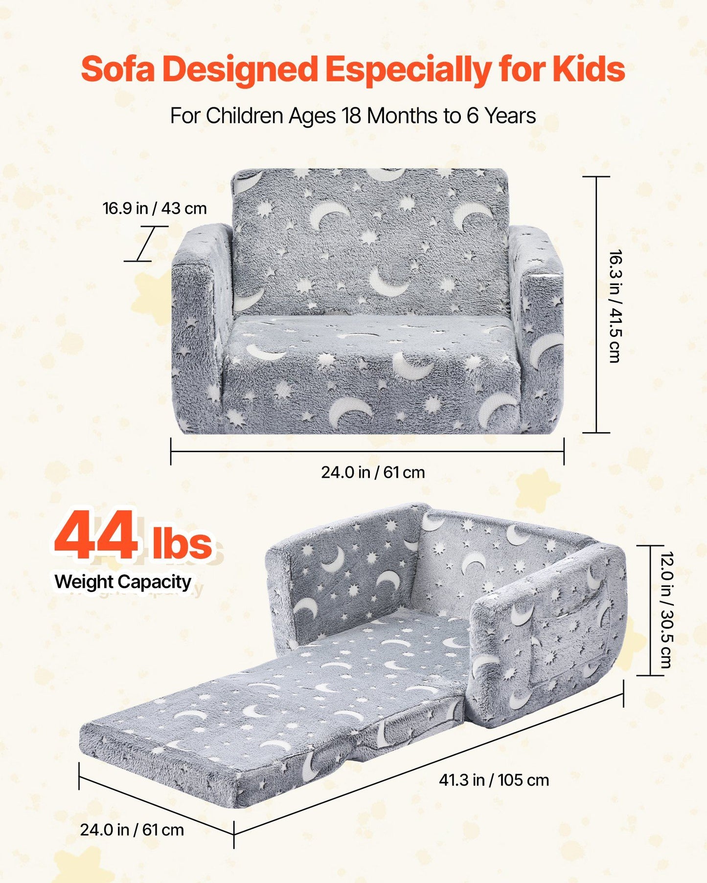 VEVOR 2-in-1 Kids Sofa, Foldable Toddler Soft Couch with Armrests, Glow in the Dark Kids Couch Fold Out with 28D Sponge & Flannel, Convertible Toddler Chair to Lounger for Reading and Gaming, M, Gray