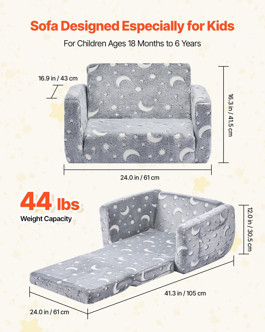 VEVOR 2-in-1 Kids Sofa, Foldable Toddler Soft Couch with Armrests, Glow in the Dark Kids Couch Fold Out with 28D Sponge & Flannel, Convertible Toddler Chair to Lounger for Reading and Gaming, M, Gray