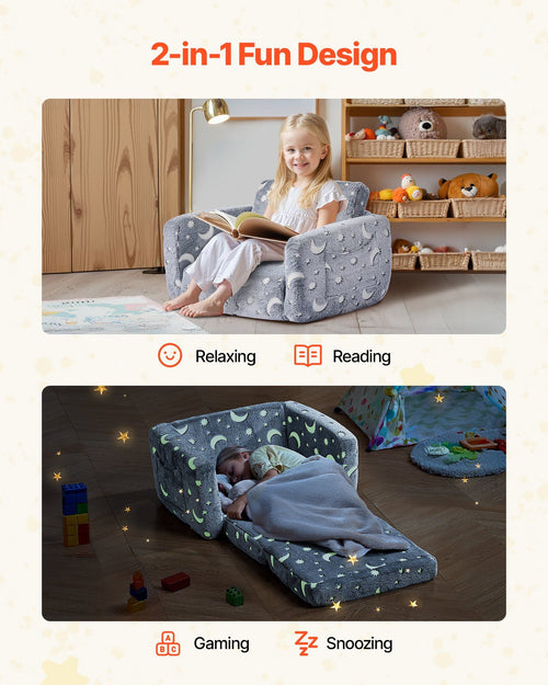 VEVOR 2-in-1 Kids Sofa, Foldable Toddler Soft Couch with Armrests, Glow in the Dark Kids Couch Fold Out with 28D Sponge & Flannel, Convertible Toddler Chair to Lounger for Reading and Gaming, M, Gray