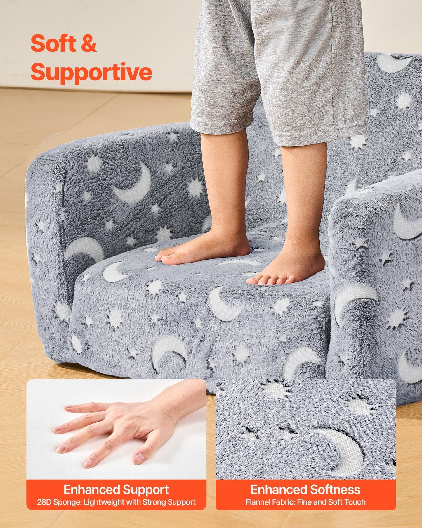 VEVOR 2-in-1 Kids Sofa, Foldable Toddler Soft Couch with Armrests, Glow in the Dark Kids Couch Fold Out with 28D Sponge & Flannel, Convertible Toddler Chair to Lounger for Reading and Gaming, M, Gray