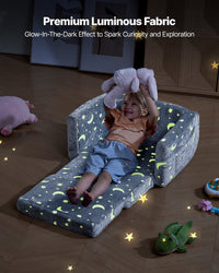 VEVOR 2-in-1 Kids Sofa, Foldable Toddler Soft Couch with Armrests, Glow in the Dark Kids Couch Fold Out with 28D Sponge & Flannel, Convertible Toddler Chair to Lounger for Reading and Gaming, M, Gray
