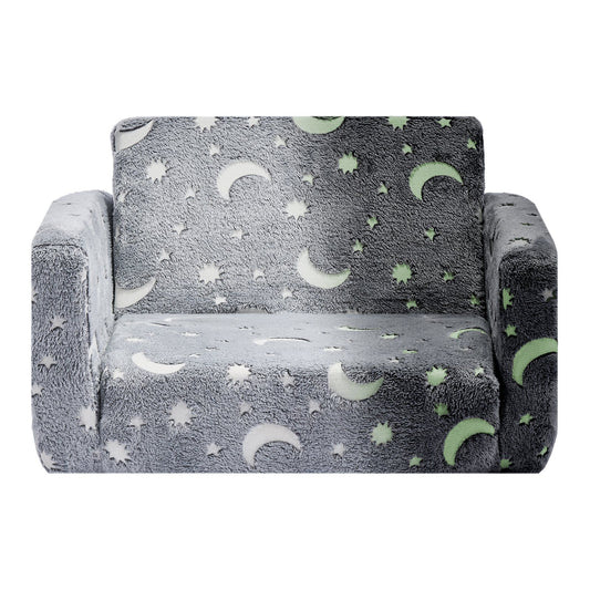 VEVOR 2-in-1 Kids Sofa, Foldable Toddler Soft Couch with Armrests, Glow in the Dark Kids Couch Fold Out with 28D Sponge & Flannel, Convertible Toddler Chair to Lounger for Reading and Gaming, M, Gray