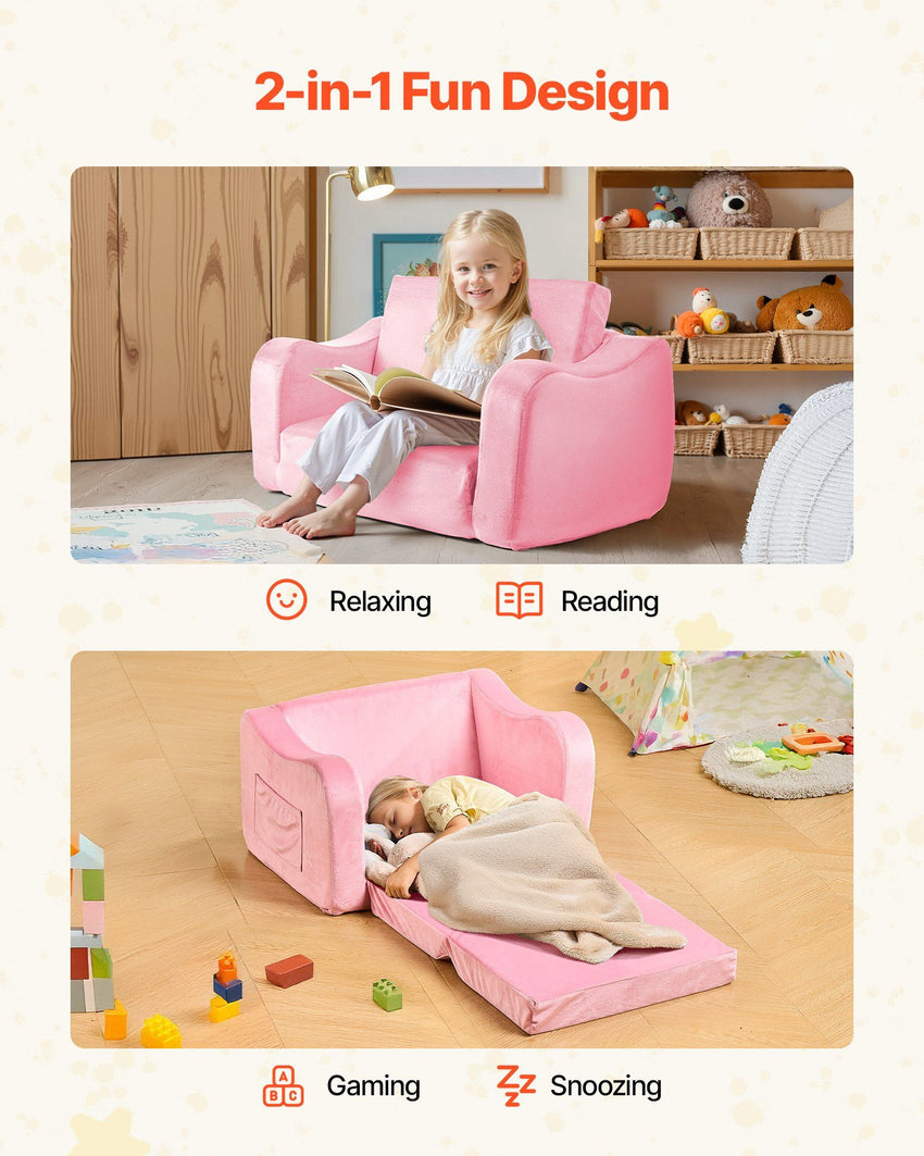 VEVOR 2-in-1 Kids Sofa, Foldable Toddler Soft Couch with Armrests, Made of 28D Sponge & Short Pile, Convertible Toddler Chair to Lounger, Kid Couch Fold Out for Fun Playtime or Comfy Lounging, M, Pink