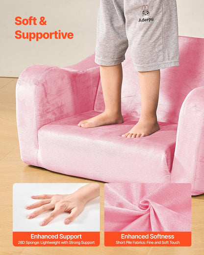 VEVOR 2-in-1 Kids Sofa, Foldable Toddler Soft Couch with Armrests, Made of 28D Sponge & Short Pile, Convertible Toddler Chair to Lounger, Kid Couch Fold Out for Fun Playtime or Comfy Lounging, M, Pink