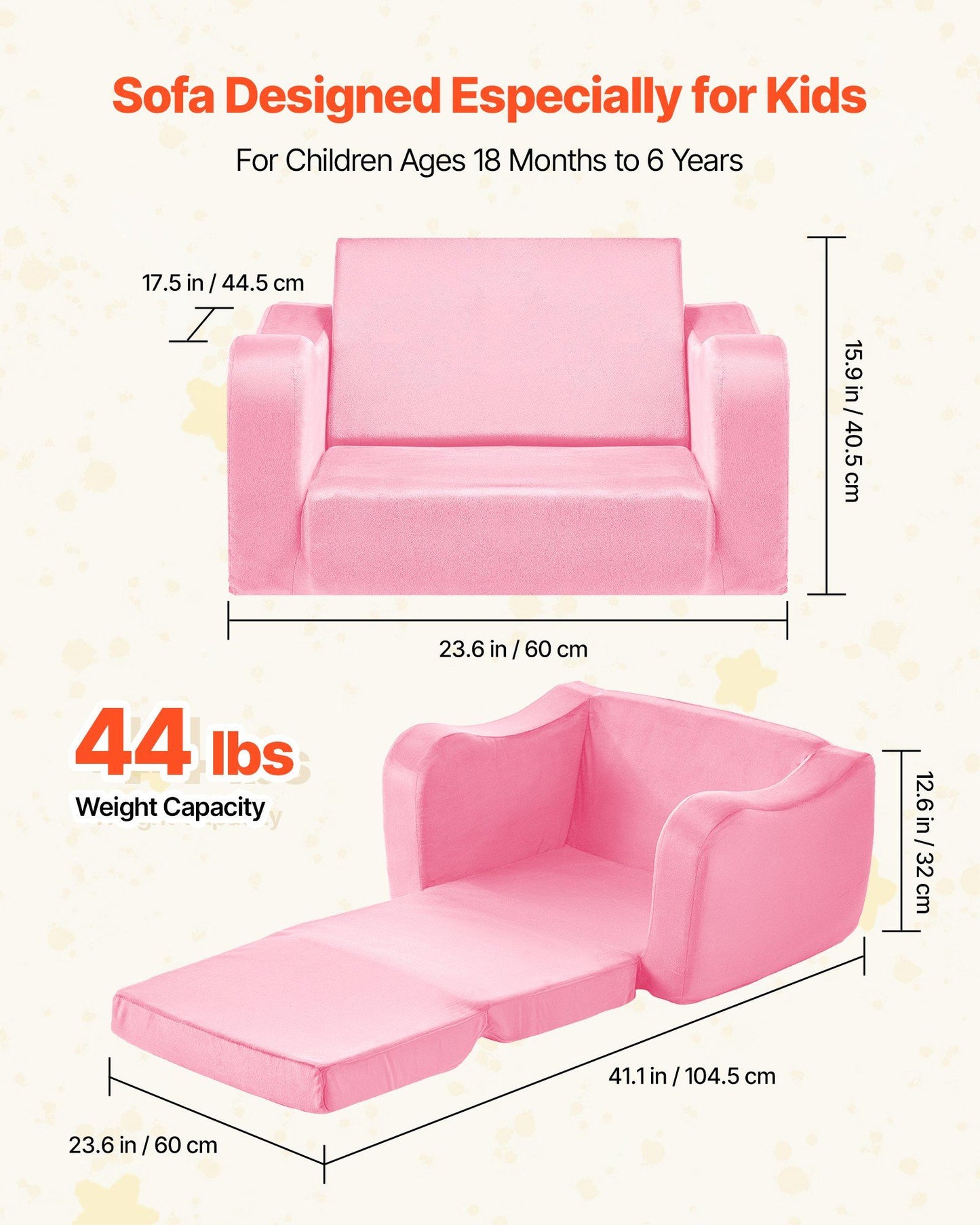VEVOR 2-in-1 Kids Sofa, Foldable Toddler Soft Couch with Armrests, Made of 28D Sponge & Short Pile, Convertible Toddler Chair to Lounger, Kid Couch Fold Out for Fun Playtime or Comfy Lounging, M, Pink