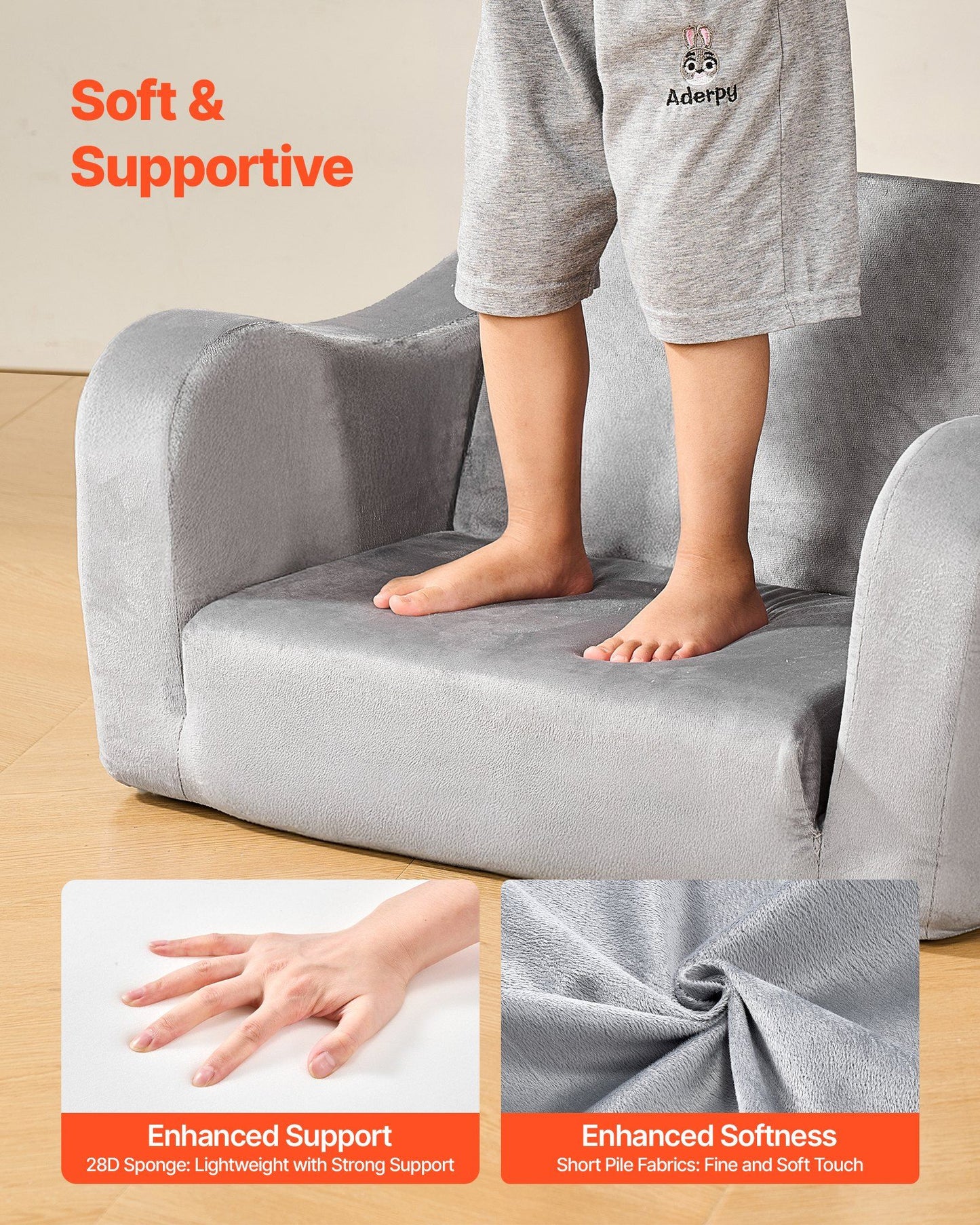 VEVOR 2-in-1 Kids Sofa, Foldable Toddler Soft Couch with Armrests, Made of 28D Sponge & Short Pile, Convertible Toddler Chair to Lounger, Kid Couch Fold Out for Fun Playtime or Comfy Lounging, M, Gray