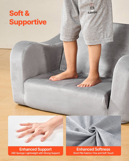VEVOR 2-in-1 Kids Sofa, Foldable Toddler Soft Couch with Armrests, Made of 28D Sponge & Short Pile, Convertible Toddler Chair to Lounger, Kid Couch Fold Out for Fun Playtime or Comfy Lounging, M, Gray