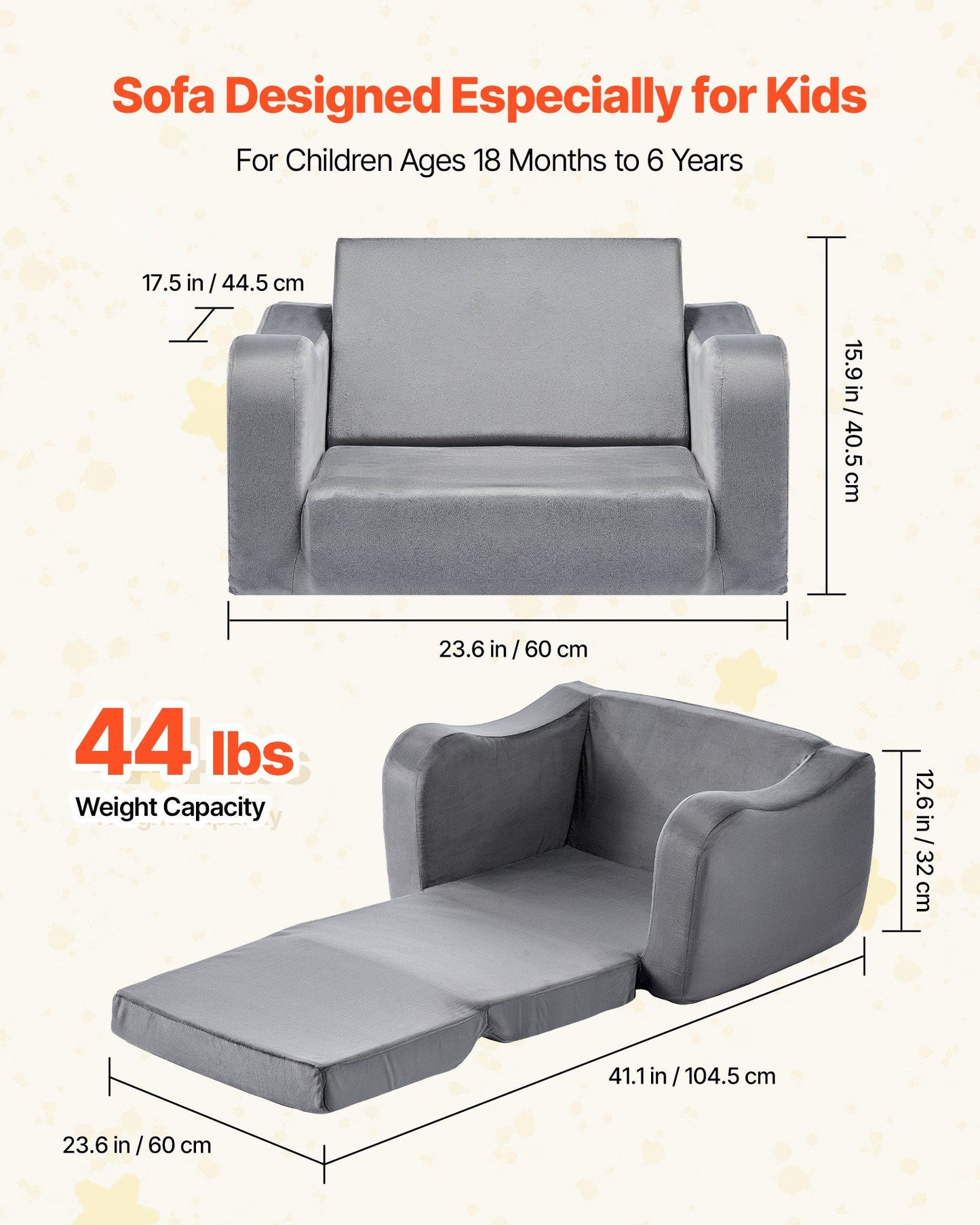 VEVOR 2-in-1 Kids Sofa, Foldable Toddler Soft Couch with Armrests, Made of 28D Sponge & Short Pile, Convertible Toddler Chair to Lounger, Kid Couch Fold Out for Fun Playtime or Comfy Lounging, M, Gray