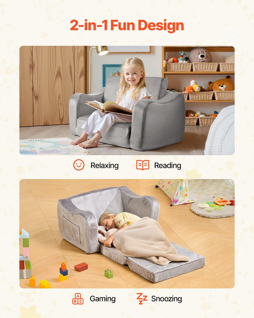 VEVOR 2-in-1 Kids Sofa, Foldable Toddler Soft Couch with Armrests, Made of 28D Sponge & Short Pile, Convertible Toddler Chair to Lounger, Kid Couch Fold Out for Fun Playtime or Comfy Lounging, M, Gray