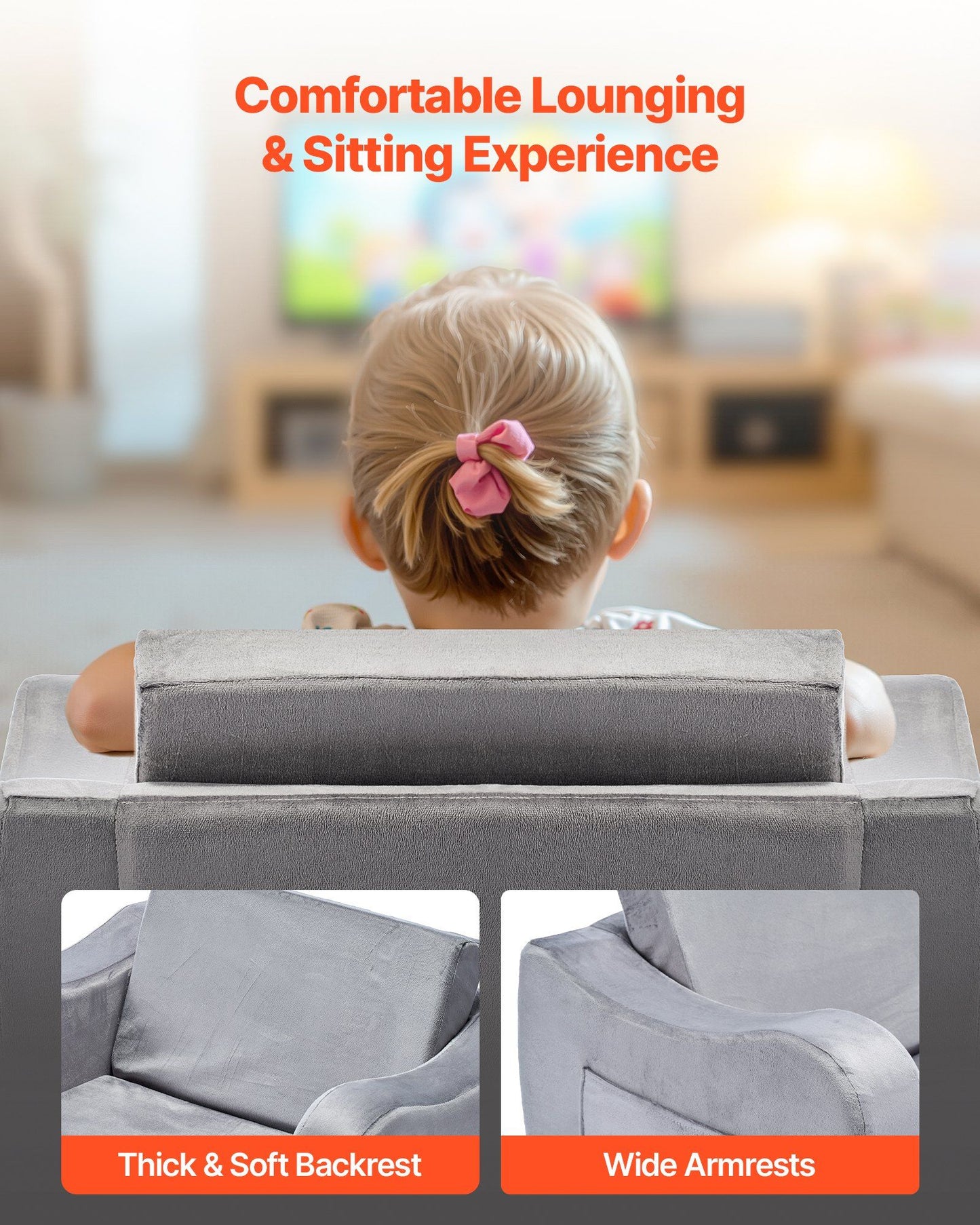 VEVOR 2-in-1 Kids Sofa, Foldable Toddler Soft Couch with Armrests, Made of 28D Sponge & Short Pile, Convertible Toddler Chair to Lounger, Kid Couch Fold Out for Fun Playtime or Comfy Lounging, M, Gray