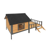 Unique All-Around Iron Frame,Outdoor Large Wooden Cabin House Style Wooden Dog Kennel with Porch