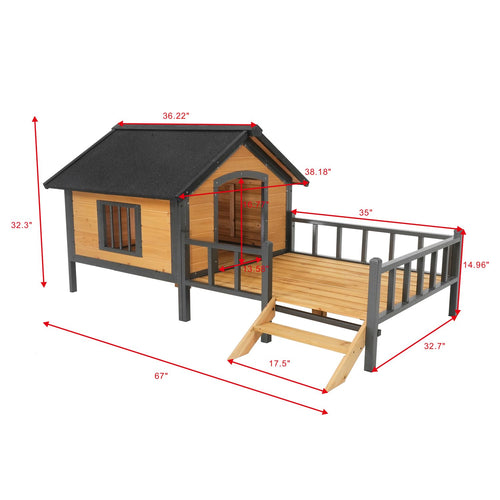 Unique All-Around Iron Frame,Outdoor Large Wooden Cabin House Style Wooden Dog Kennel with Porch