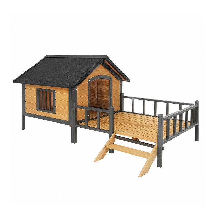 Unique All-Around Iron Frame,Outdoor Large Wooden Cabin House Style Wooden Dog Kennel with Porch