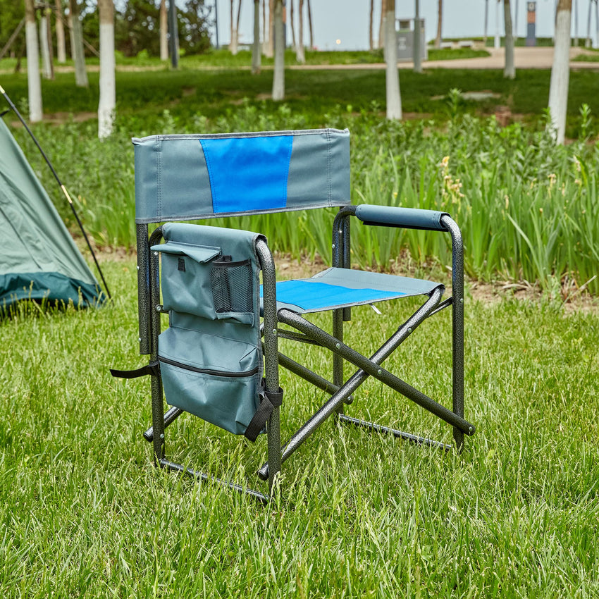 1-piece Padded Folding Outdoor Chair with Storage Pockets,Lightweight Oversized Directors Chair for indoor, Outdoor Camping, Picnics and Fishing,Blue/Grey