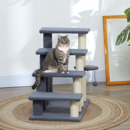 PawHut 4 Levels Cat Steps, Pet Stairs Carpeted Ladder, Kitten Tree Climber with Scratching Posts, Hanging Play Ball, Side Step, for High Bed, Sofa, Gray