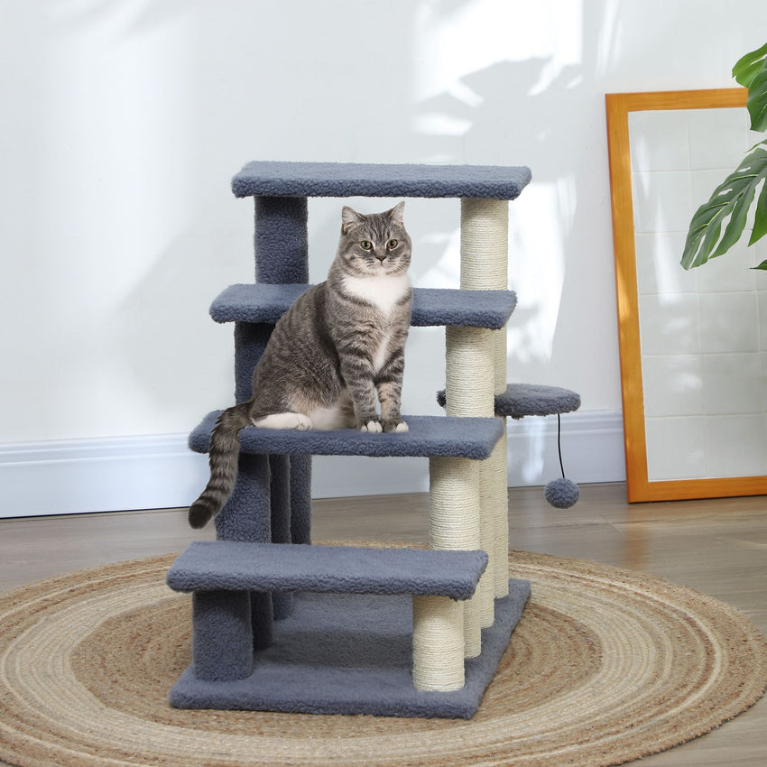 PawHut 4 Levels Cat Steps, Pet Stairs Carpeted Ladder, Kitten Tree Climber with Scratching Posts, Hanging Play Ball, Side Step, for High Bed, Sofa, Gray