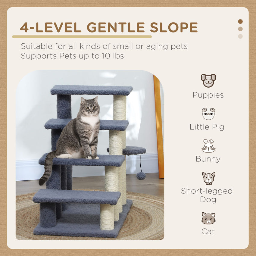 PawHut 4 Levels Cat Steps, Pet Stairs Carpeted Ladder, Kitten Tree Climber with Scratching Posts, Hanging Play Ball, Side Step, for High Bed, Sofa, Gray