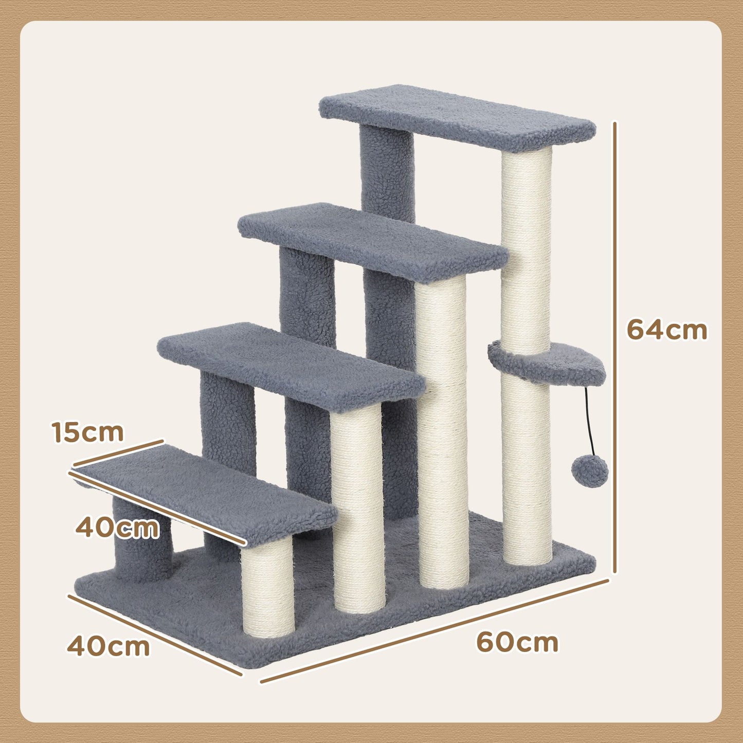 PawHut 4 Levels Cat Steps, Pet Stairs Carpeted Ladder, Kitten Tree Climber with Scratching Posts, Hanging Play Ball, Side Step, for High Bed, Sofa, Gray