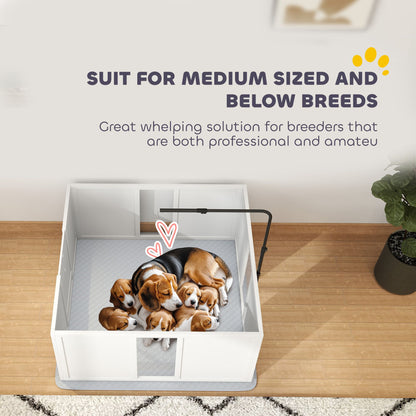 PawHut Whelping Box for Dogs, Newborn Puppy Supplies with Retractable Light Stand, Waterproof Pee Pad, Adjustable Height Door for Small and Medium Breed Dogs, 39" x 38"