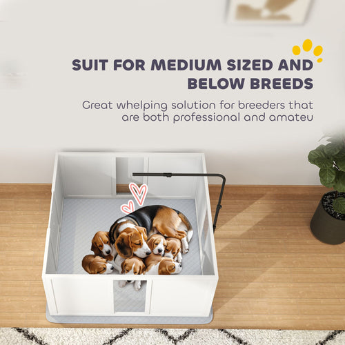PawHut Whelping Box for Dogs, Newborn Puppy Supplies with Retractable Light Stand, Waterproof Pee Pad, Adjustable Height Door for Small and Medium Breed Dogs, 39" x 38"