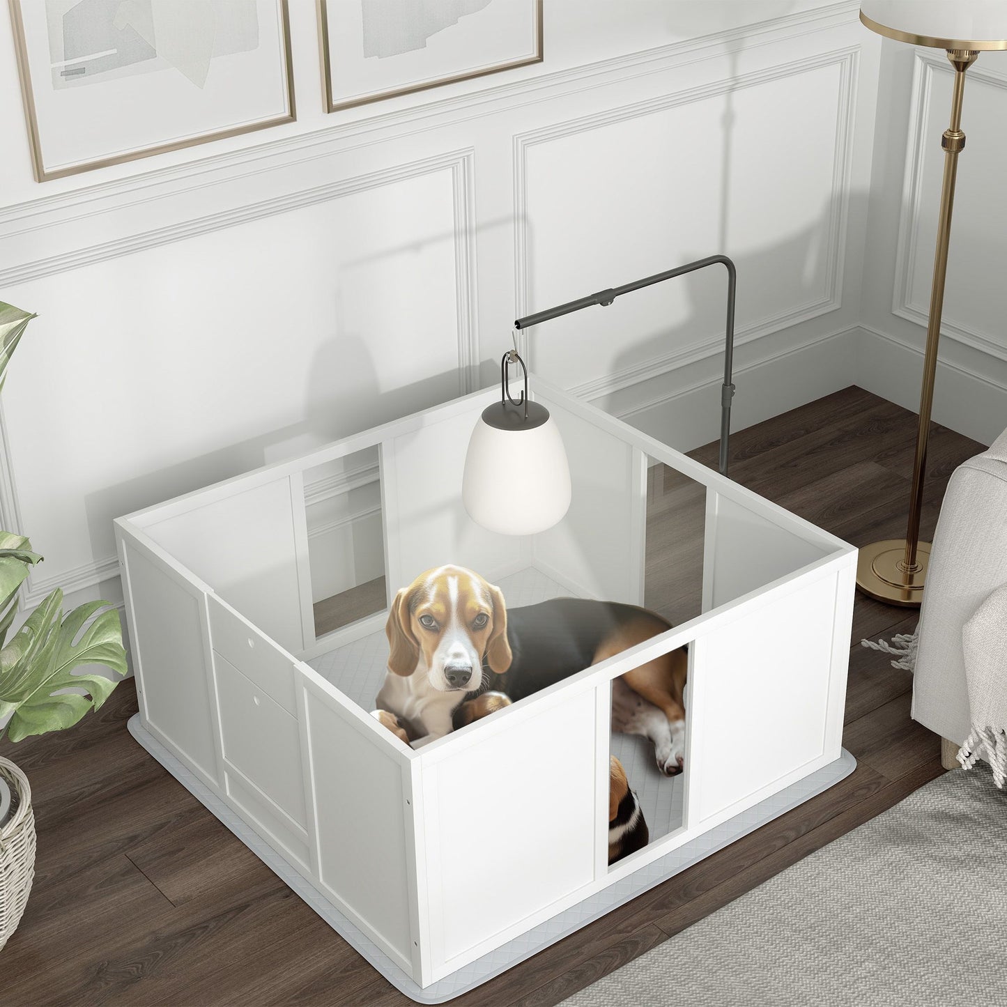 PawHut Whelping Box for Dogs, Newborn Puppy Supplies with Retractable Light Stand, Waterproof Pee Pad, Adjustable Height Door for Small and Medium Breed Dogs, 39" x 38"