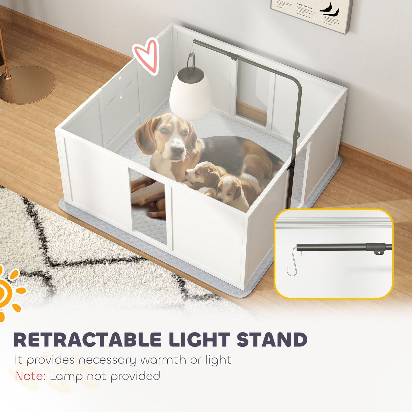 PawHut Whelping Box for Dogs, Newborn Puppy Supplies with Retractable Light Stand, Waterproof Pee Pad, Adjustable Height Door for Small and Medium Breed Dogs, 39" x 38"