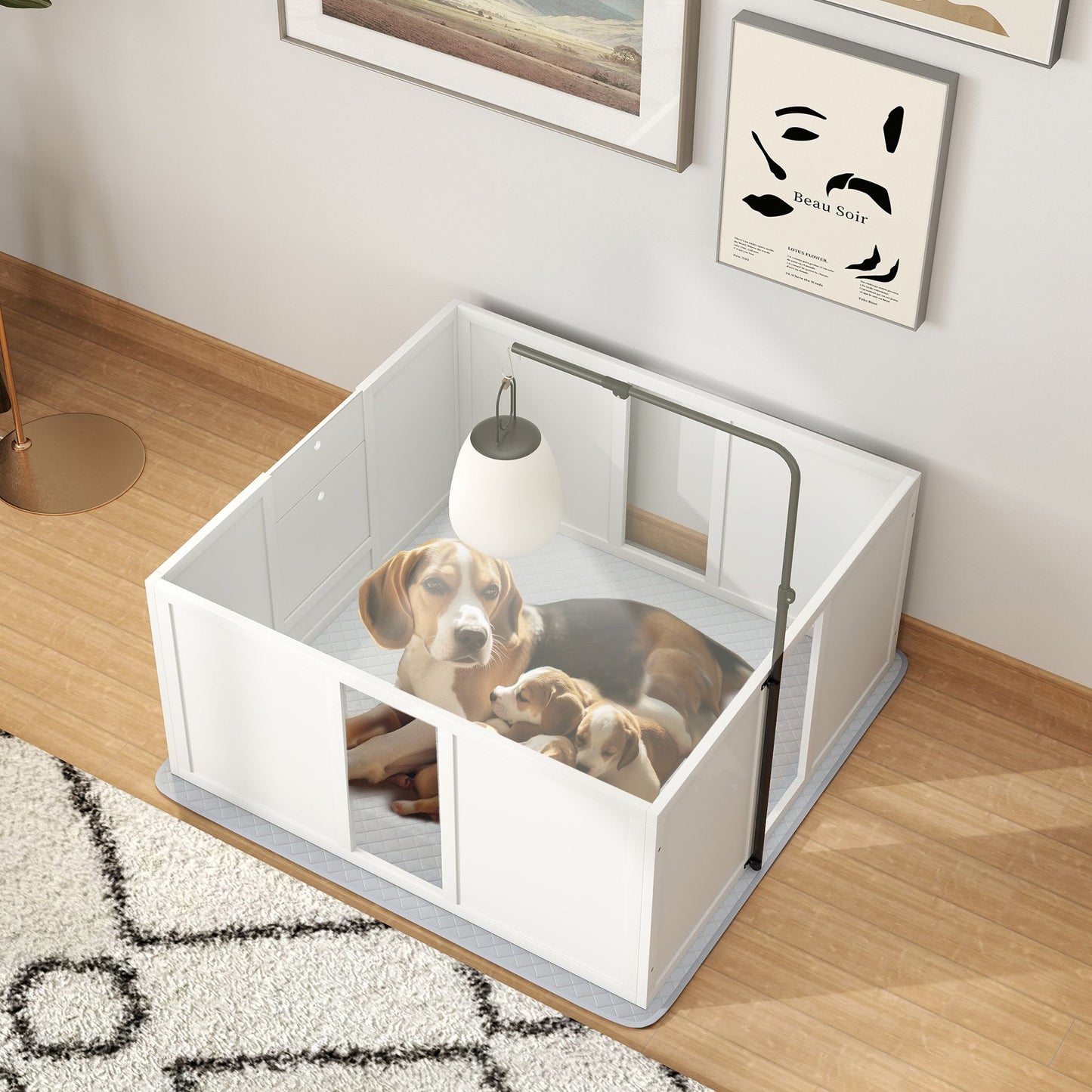 PawHut Whelping Box for Dogs, Newborn Puppy Supplies with Retractable Light Stand, Waterproof Pee Pad, Adjustable Height Door for Small and Medium Breed Dogs, 39" x 38"