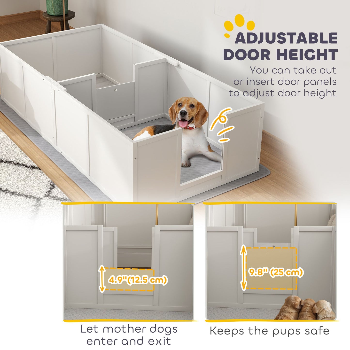 PawHut Whelping Box for Dogs and Puppies, Dog Whelping Box with Washable Waterproof Pee Pad & Adjustable Door for Medium and small Dogs, White, 77" x 38" x 19"