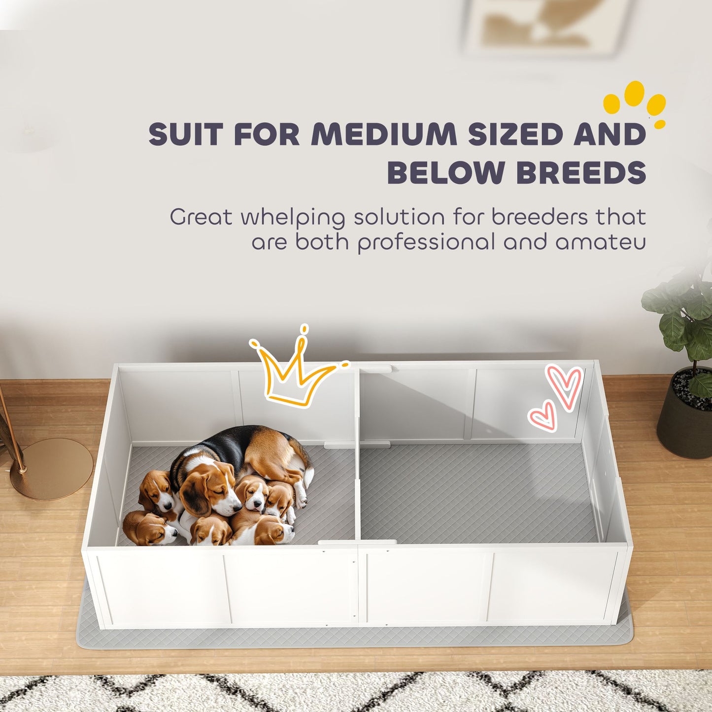 PawHut Whelping Box for Dogs and Puppies, Dog Whelping Box with Washable Waterproof Pee Pad & Adjustable Door for Medium and small Dogs, White, 77" x 38" x 19"