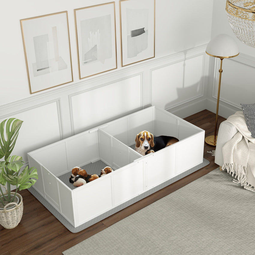 PawHut Whelping Box for Dogs and Puppies, Dog Whelping Box with Washable Waterproof Pee Pad & Adjustable Door for Medium and small Dogs, White, 77" x 38" x 19"