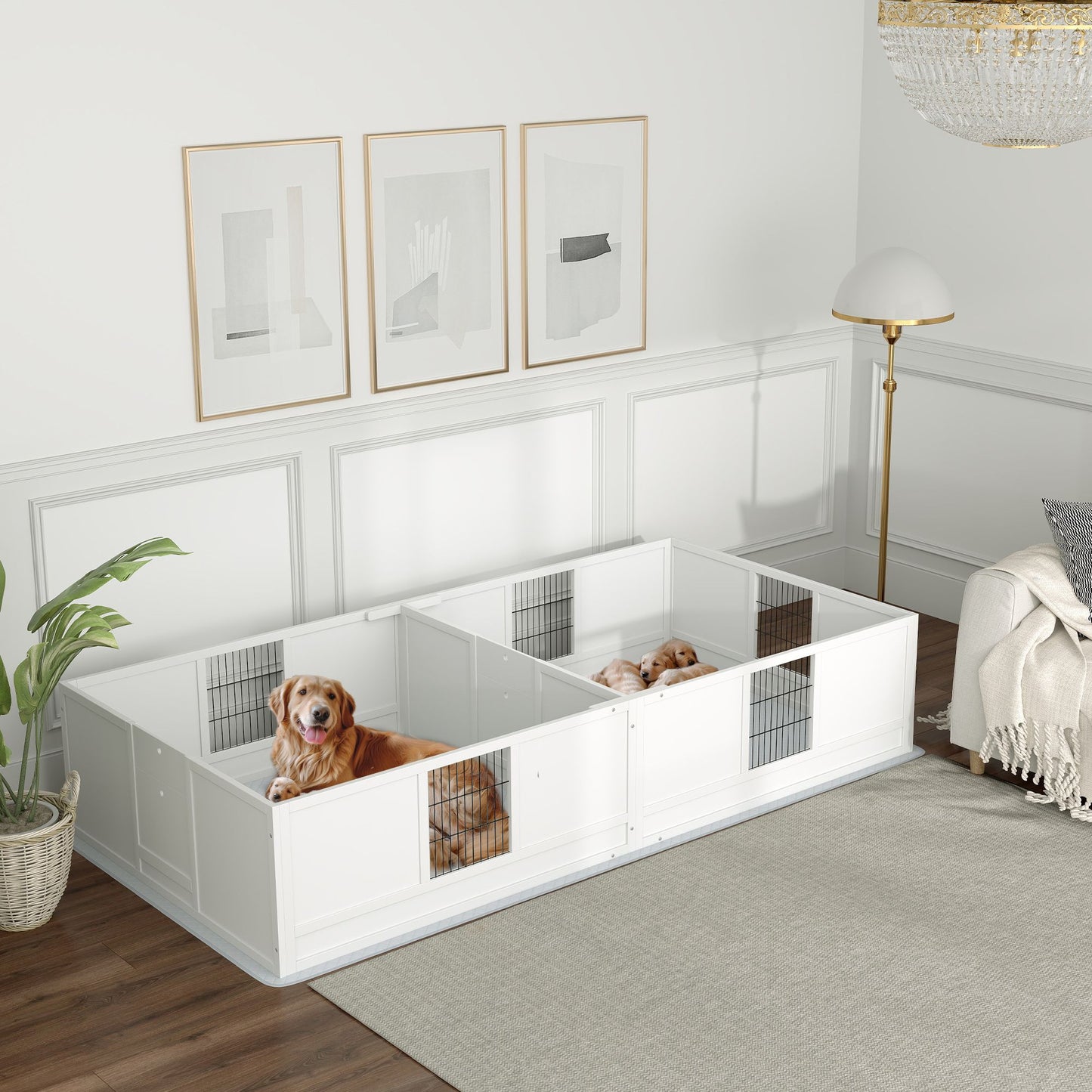 PawHut Whelping Box for Dogs and Puppies, Dog Whelping Box with Waterproof Pee Pad, Adjustable Height Door, for Large Dogs Indoor Use, 96" x 47" x 19"