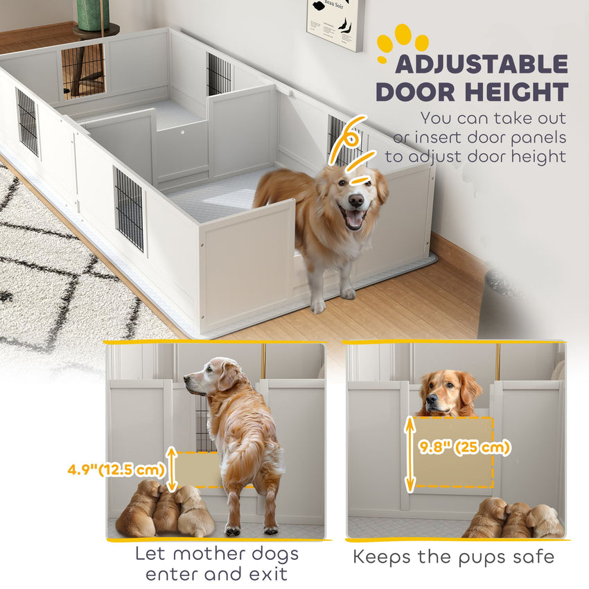 PawHut Whelping Box for Dogs and Puppies, Dog Whelping Box with Waterproof Pee Pad, Adjustable Height Door, for Large Dogs Indoor Use, 96" x 47" x 19"