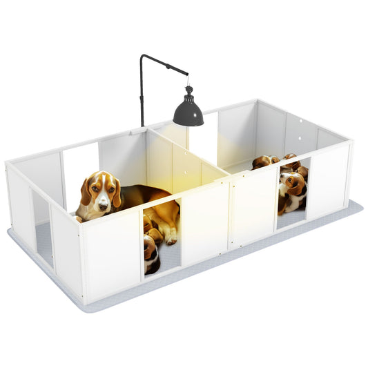 PawHut Whelping Box for Dogs, Newborn Puppy Supplies with Retractable Light Stand, Waterproof Pee Pad, Adjustable Height Door for Small and Medium Breed Dogs, 77" x 38"