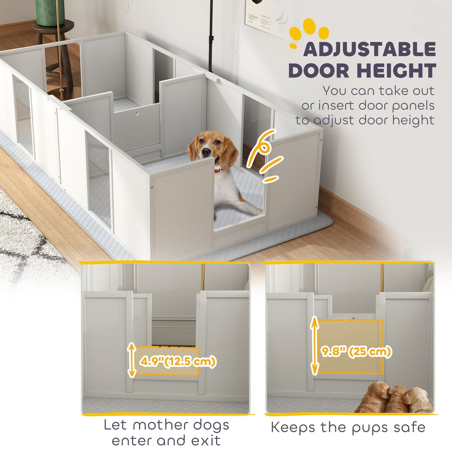 PawHut Whelping Box for Dogs, Newborn Puppy Supplies with Retractable Light Stand, Waterproof Pee Pad, Adjustable Height Door for Small and Medium Breed Dogs, 77" x 38"