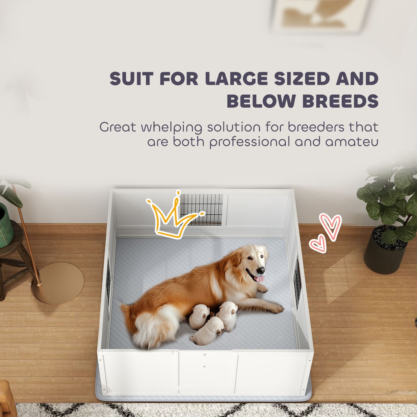 PawHut Whelping Box for Dogs and Puppies, Dog Whelping Box with Waterproof Pee Pad, Adjustable Height Door, for Large Dogs Indoor Use, 49" x 47" x 19"