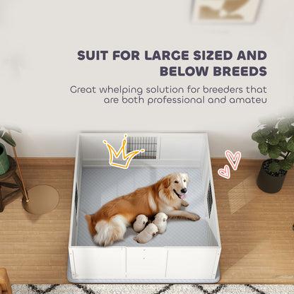 PawHut Whelping Box for Dogs and Puppies, Dog Whelping Box with Waterproof Pee Pad, Adjustable Height Door, for Large Dogs Indoor Use, 49" x 47" x 19"
