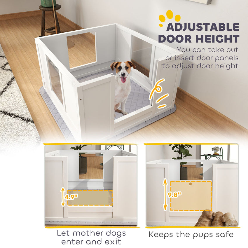 PawHut Whelping Box for Dogs with Waterproof Whelping Pad, Dog Whelping Pen with Clear Panels, Adjustable Entrance, Double Room, Non-slip Foot Pads, for Small Dogs, 33.1" L x 31.5" W x 18.9" H