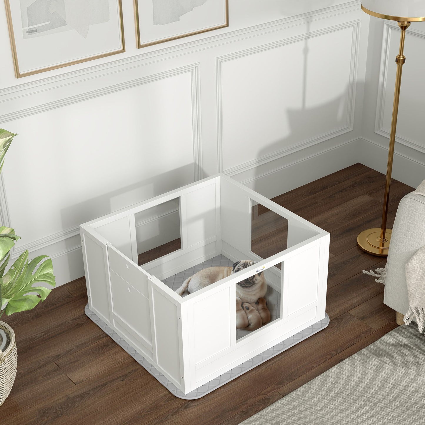 PawHut Whelping Box for Dogs with Waterproof Whelping Pad, Dog Whelping Pen with Clear Panels, Adjustable Entrance, Double Room, Non-slip Foot Pads, for Small Dogs, 33.1" L x 31.5" W x 18.9" H