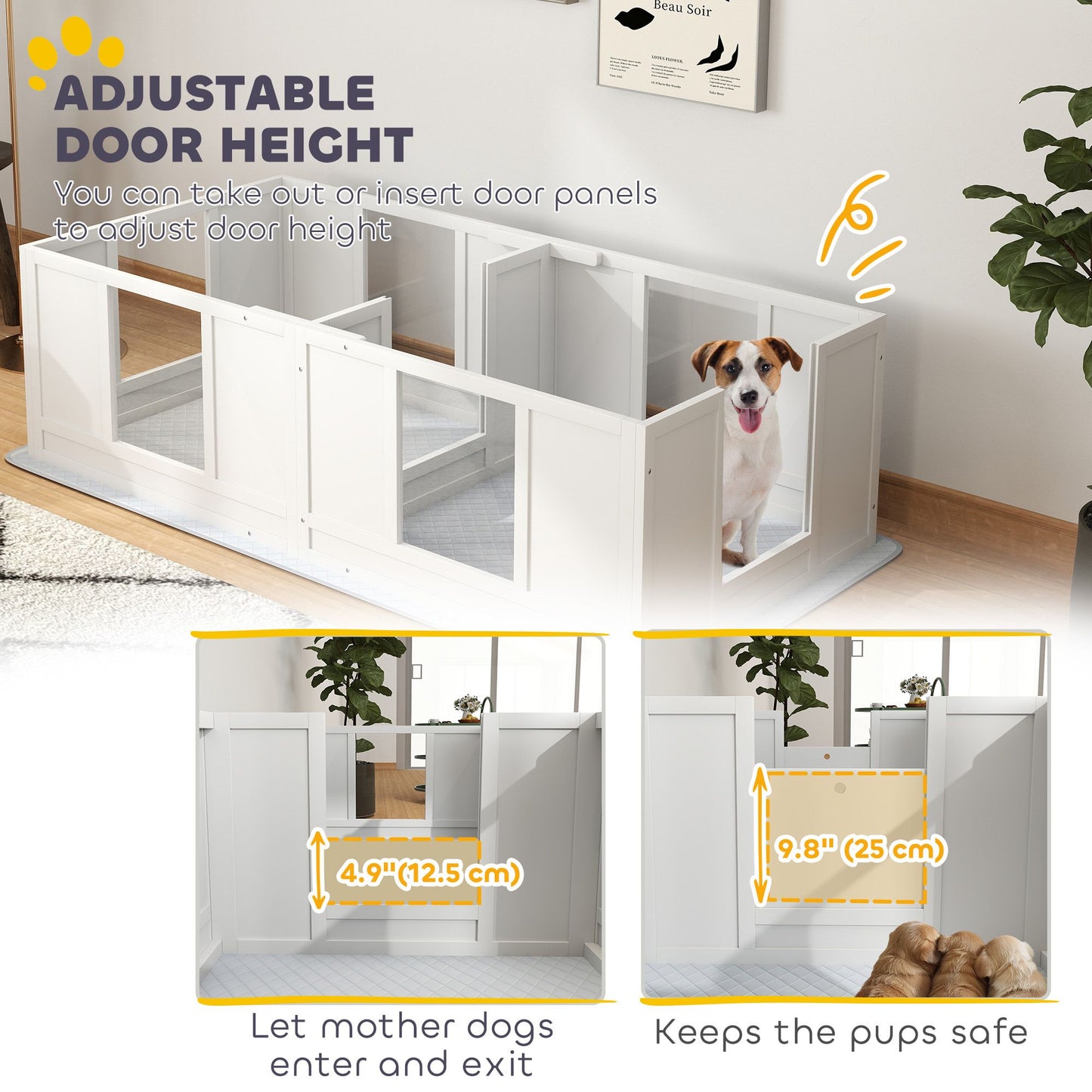 PawHut Whelping Box for Dogs with Waterproof Whelping Pad, Dog Whelping Pen with Clear Panels, Adjustable Entrance, Double Room, Non-slip Foot Pads, for Small Dogs, 65" L x 31.5" W x 19" H