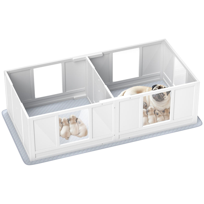 PawHut Whelping Box for Dogs with Waterproof Whelping Pad, Dog Whelping Pen with Clear Panels, Adjustable Entrance, Double Room, Non-slip Foot Pads, for Small Dogs, 65" L x 31.5" W x 19" H