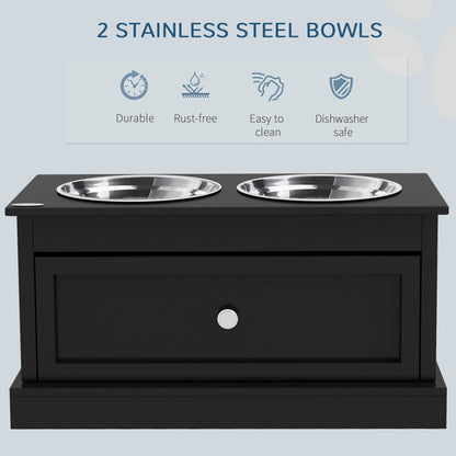 PawHut Large Elevated Dog Bowls with Storage Drawer Containing 11L Capacity, Raised Dog Bowl Stand Pet Food Bowl Dog Feeding Station, Black