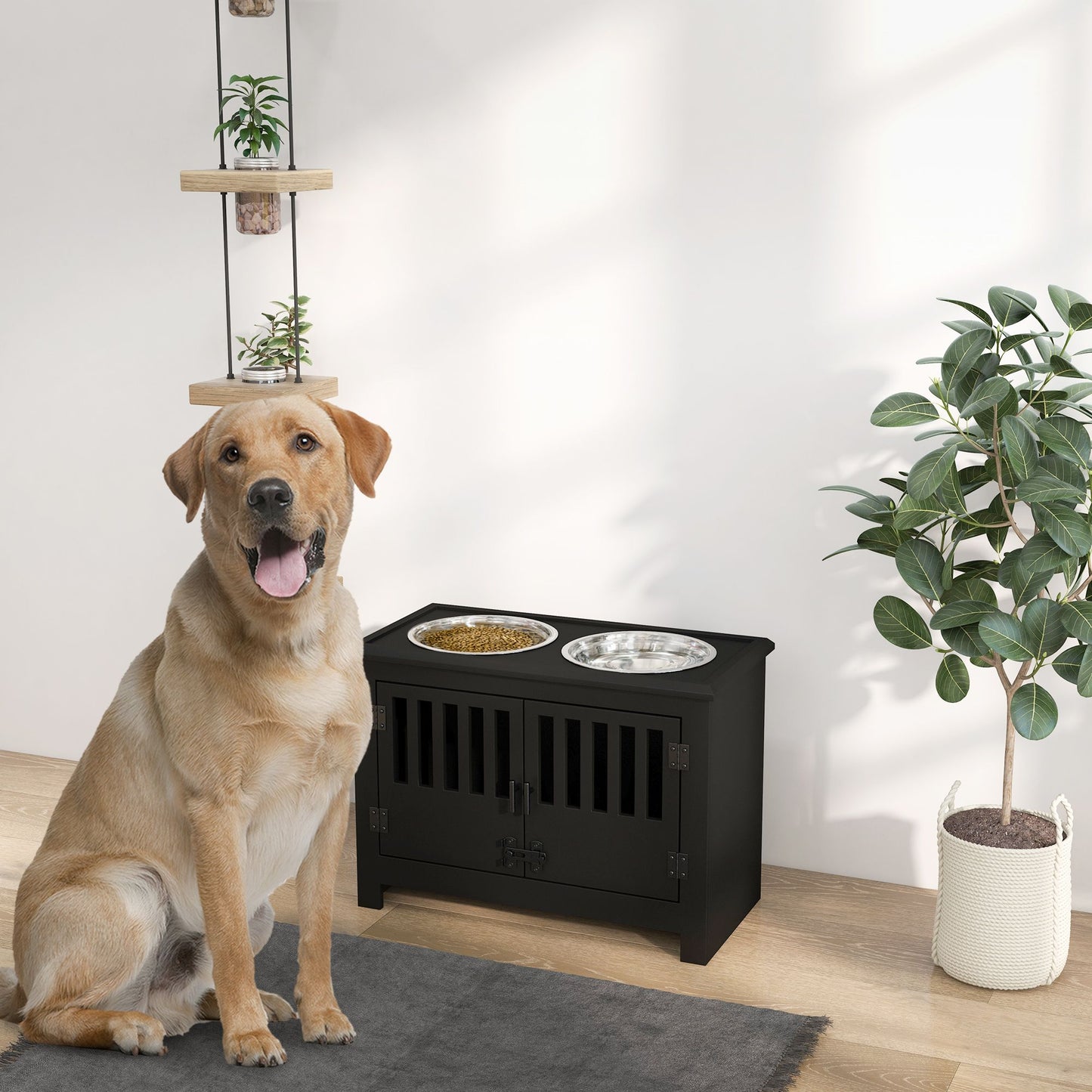 PawHut Large Elevated Dog Bowls with Storage Cabinet Containing Large 37L Capacity, Raised Dog Bowl Stand Pet Food Bowl Dog Feeding Station, Black