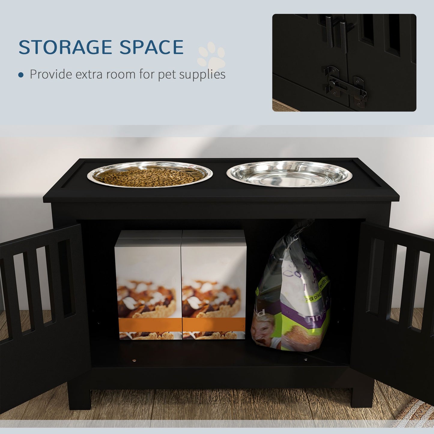 PawHut Large Elevated Dog Bowls with Storage Cabinet Containing Large 37L Capacity, Raised Dog Bowl Stand Pet Food Bowl Dog Feeding Station, Black
