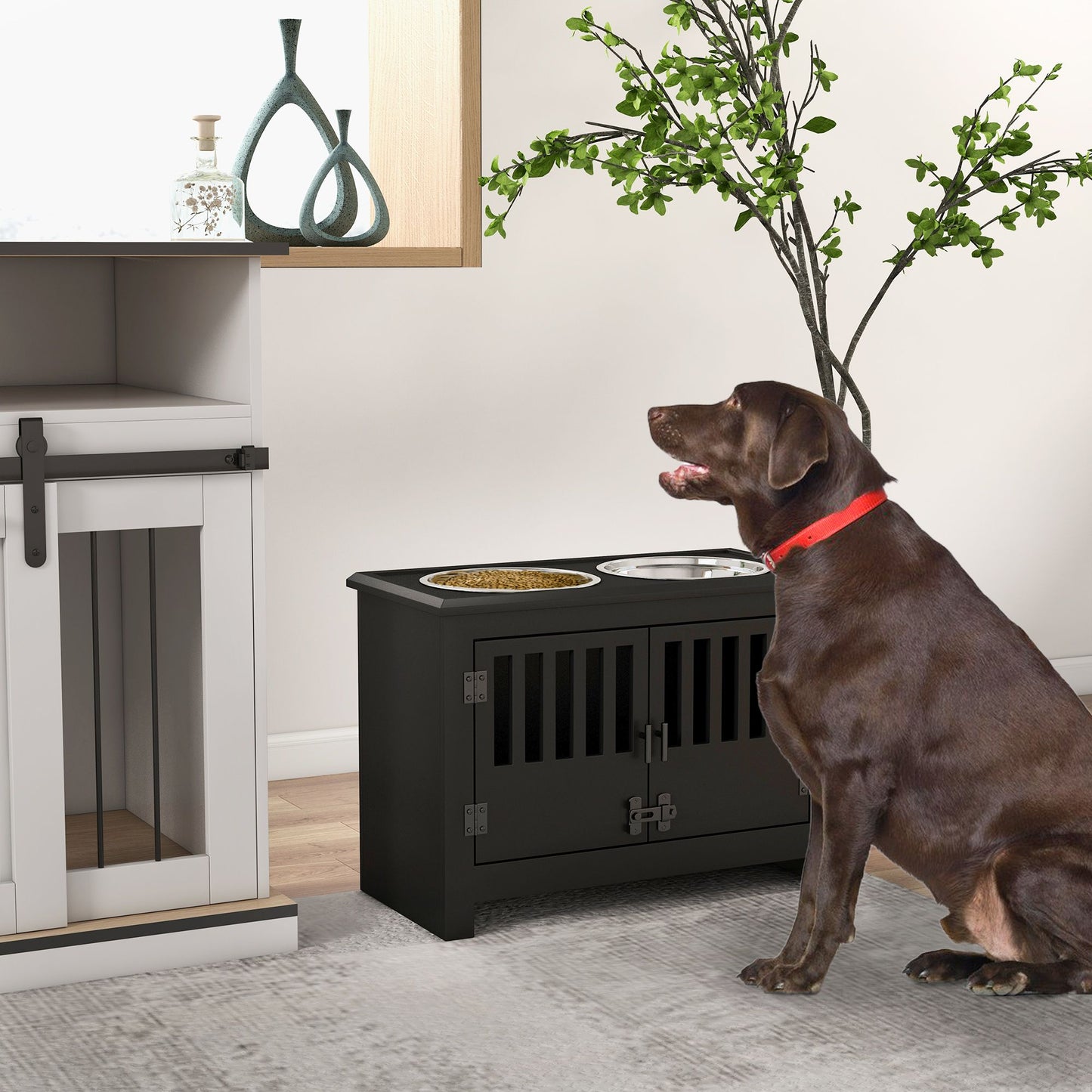 PawHut Large Elevated Dog Bowls with Storage Cabinet Containing Large 37L Capacity, Raised Dog Bowl Stand Pet Food Bowl Dog Feeding Station, Black