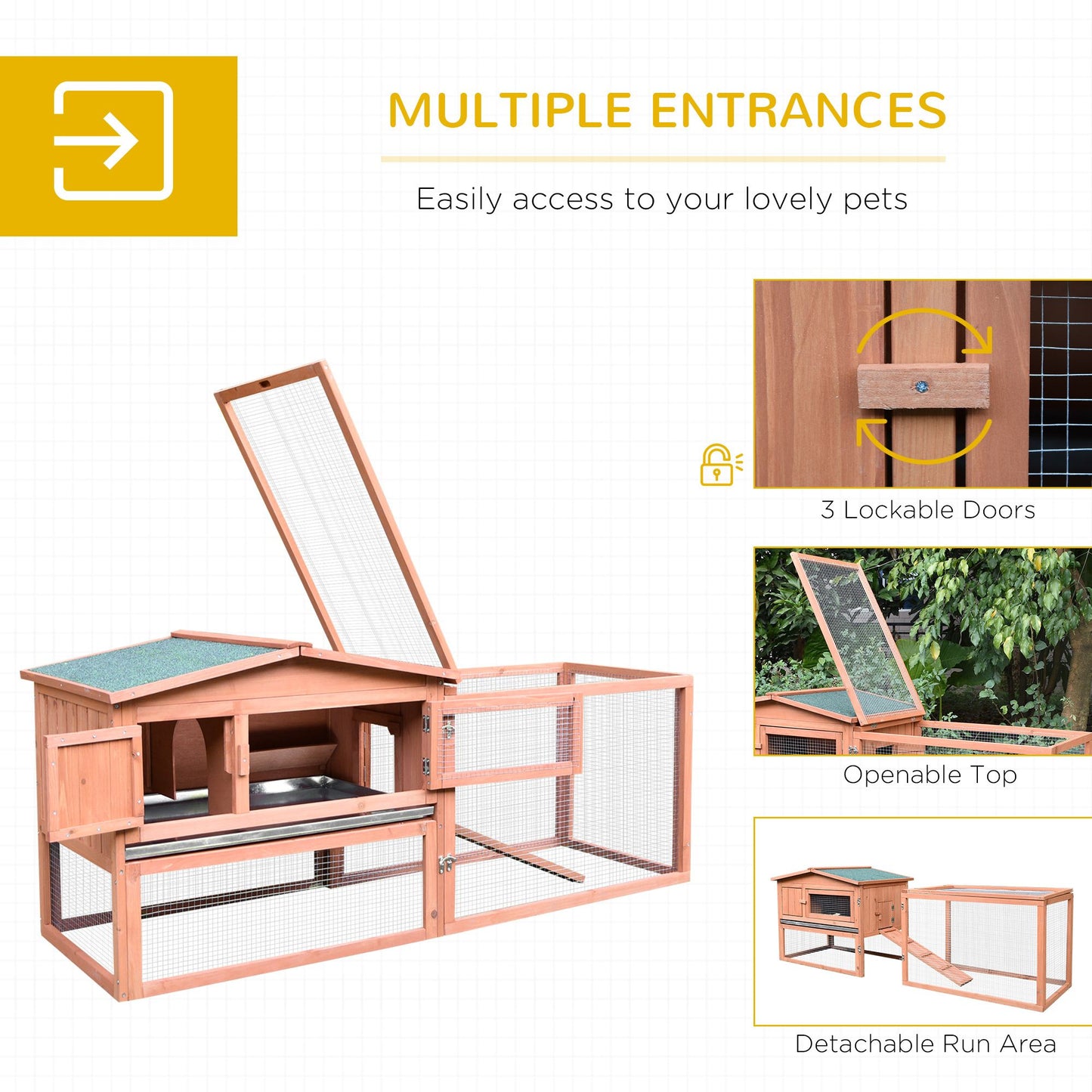 PawHut Rabbit Hutch 2-Story Bunny Cage Small Animal House with Slide Out Tray, Detachable Run, for Indoor Outdoor, 61.5" x 23" x 27", Natural