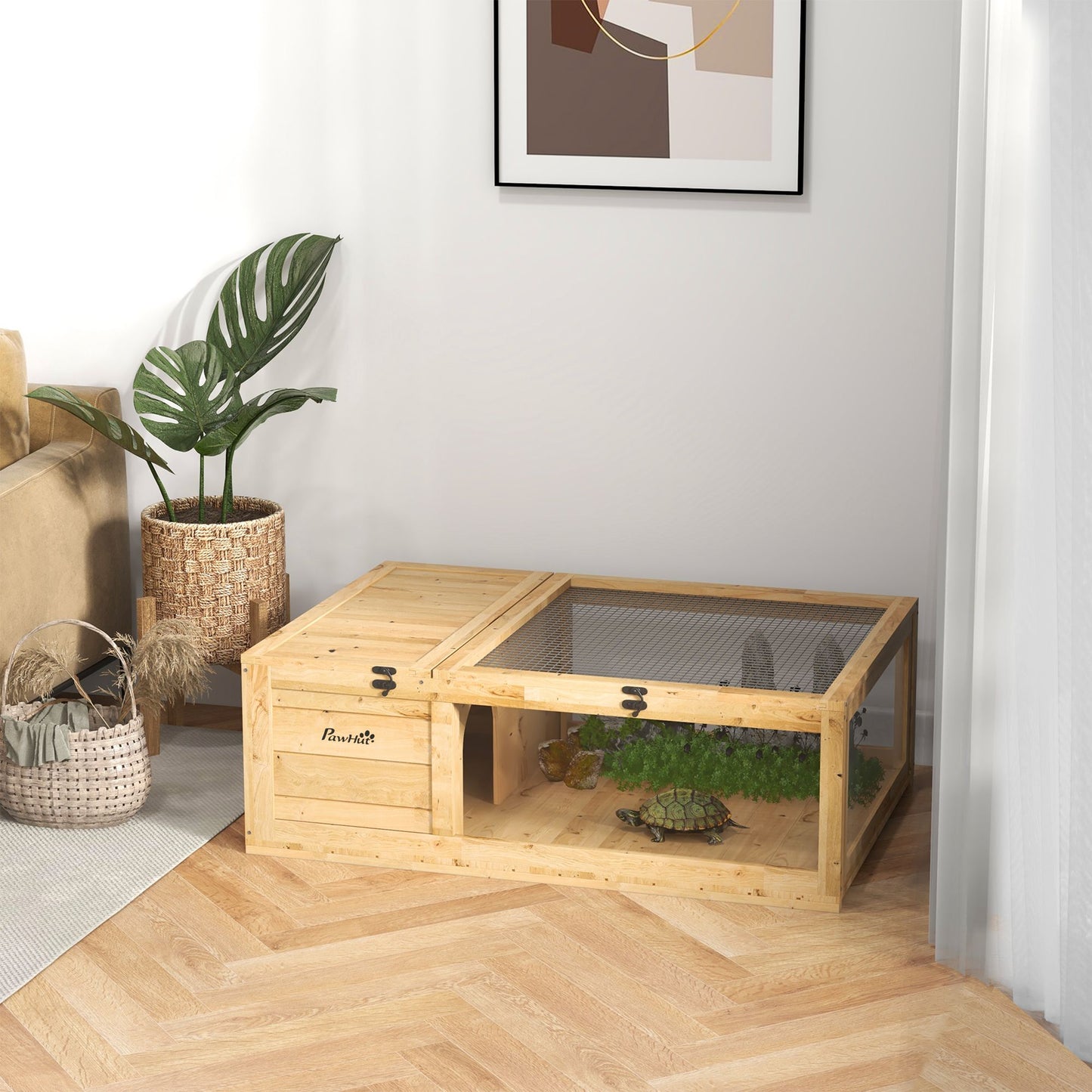 PawHut Wooden Tortoise House Indoor Turtle Habitat Enclosure Outdoor Reptile Cage for Lizards, Geckos, Yellow