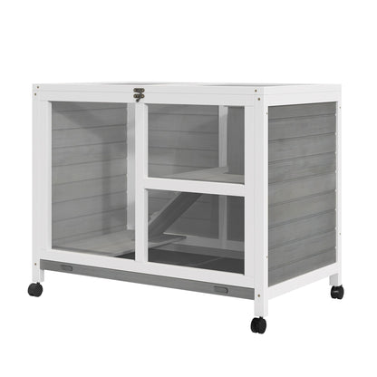 PawHut Indoor Rabbit Hutch with Wheels, Desk and Side Table Sized, Wood Rabbit Cage, Waterproof Small Rabbit Cage, Gray