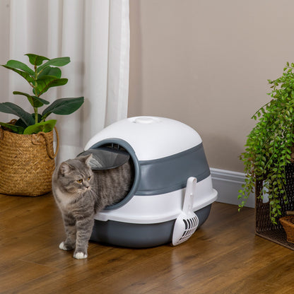 PawHut Cat Litter Box with Lid, Covered Litter Box w/ High Sides, Air Freshener, Large Two-Way Entrance Kitty Litter Box, Foldable, Easy Clean, White, and Gray