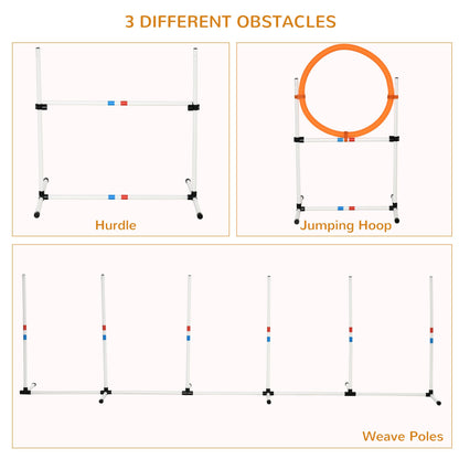 PawHut 3PC Dog Agility Equipment Set, Obstacle Course Exercise for Dog Include Adjustable Hurdle, Hoop, Weave Poles and Carry Bag