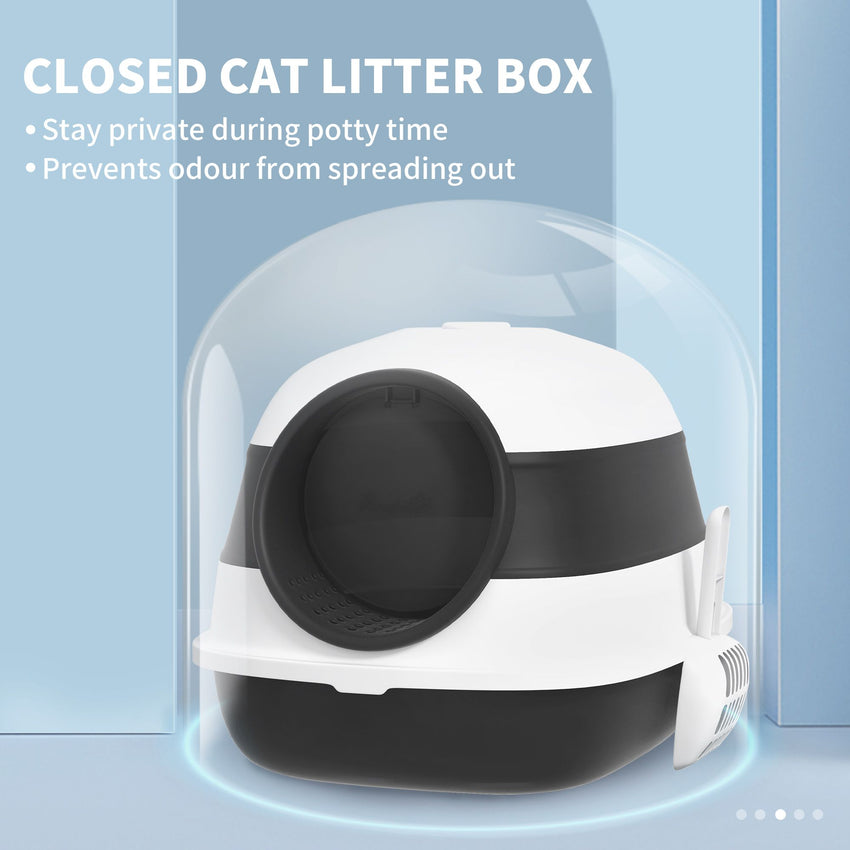 PawHut Cat Litter Box with Lid, Covered Litter Box w/ High Sides, Air Freshener, Large Two-Way Entrance Kitty Litter Box, Foldable, Easy Clean, White, and Black
